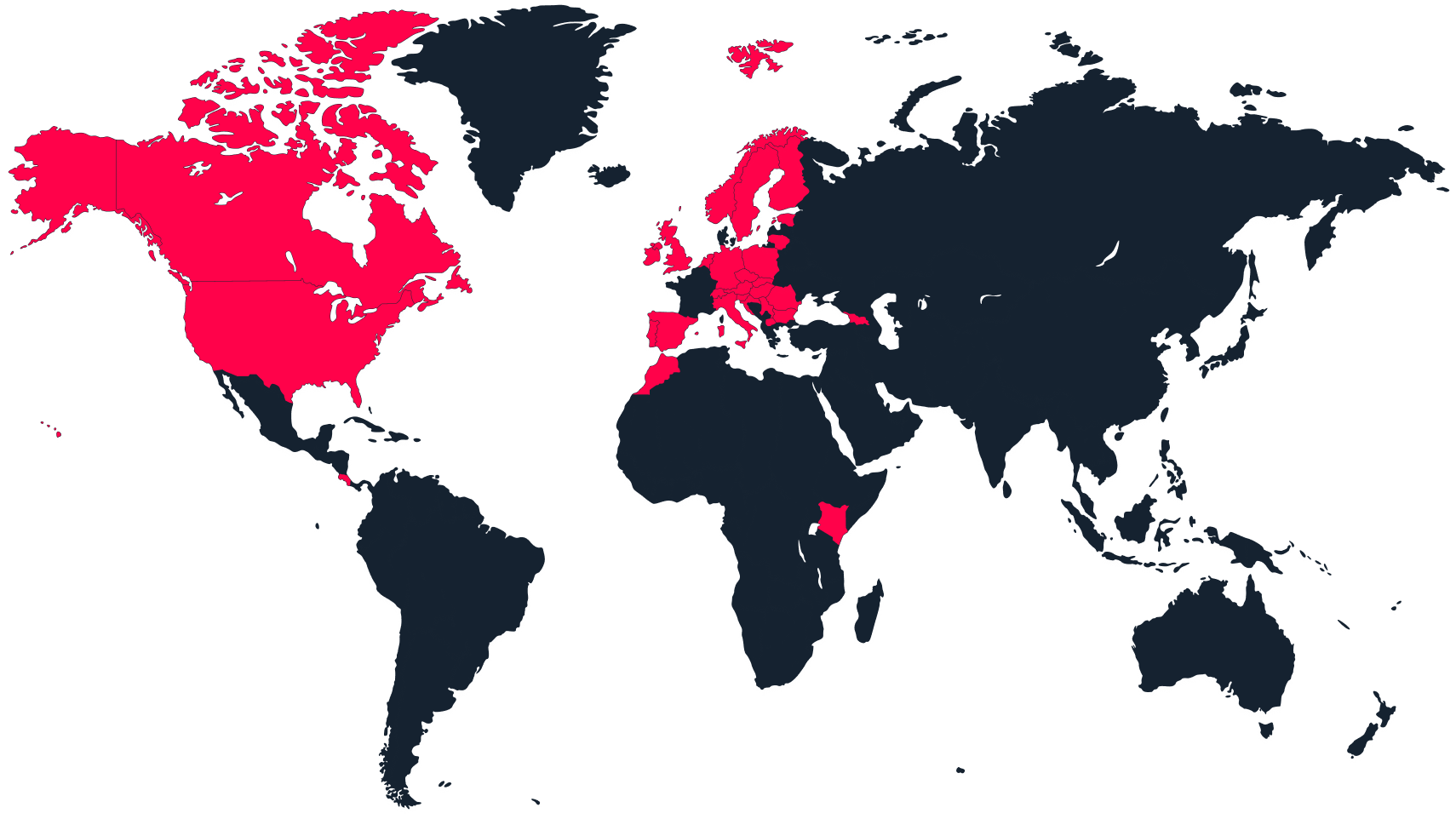 Een wereldkaart met de actieve landen rood gemarkeerd