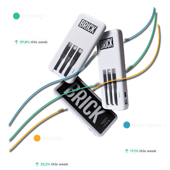 Tres bancos de energía Brick y líneas gráficas que muestran resultados positivos