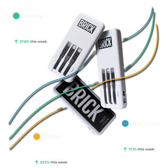 Three Brick powerbanks and graph lines showing positive results