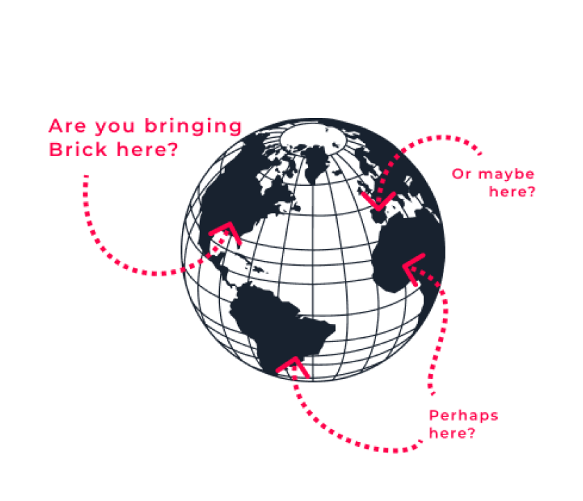 Światowy globus z oznaczeniami miejsc, w których działa cegła