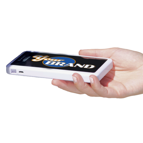A hand holding a powerbank with a sponsored brand on the back