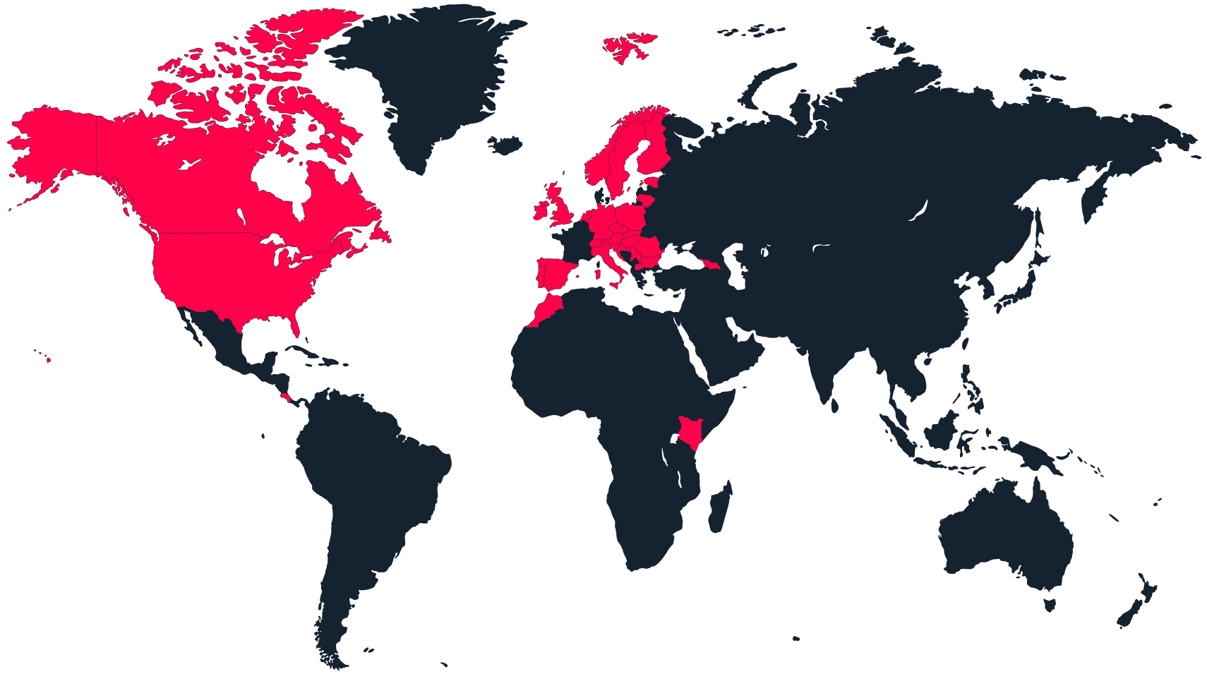 A world map with active countries marked red